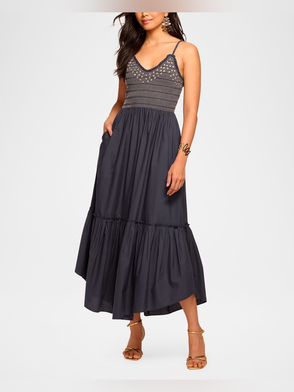 Ramy Brook Navy Lucia Smocked Bodice Maxi Dress-M